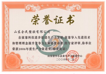 省級生產力促進獎榮譽證書2006.12